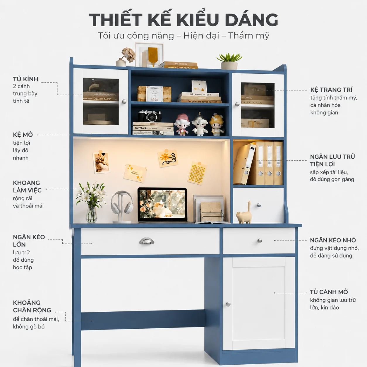 Bàn Học Liền Giá Sách Màu Xanh Trắng Hiện Đại ZM-70004