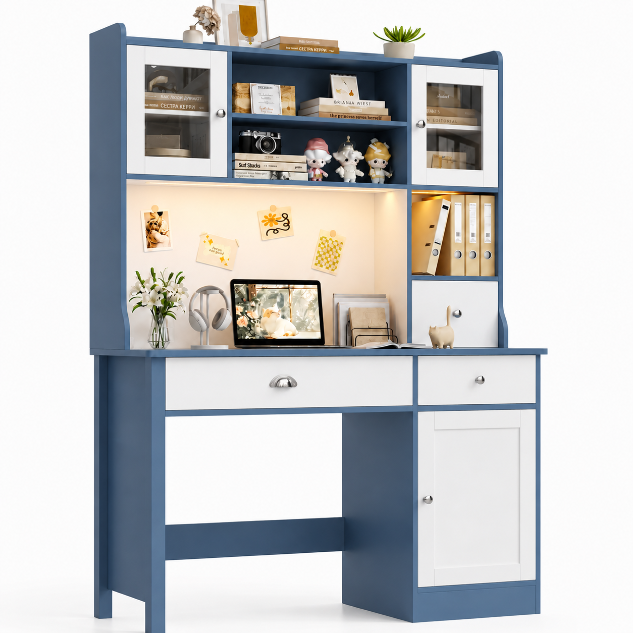 Bàn Học Liền Giá Sách Màu Xanh Trắng Hiện Đại ZM-70004
