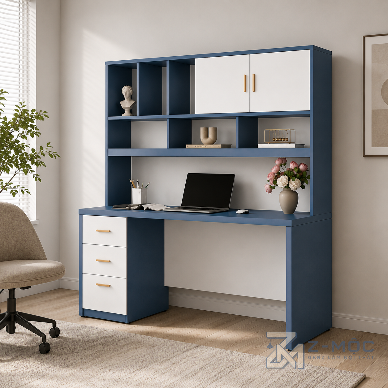 Bàn Học Kèm Giá Sách Phối Màu Xanh Trắng Hiện Đại ZM-70029 - ảnh chi tiết 7