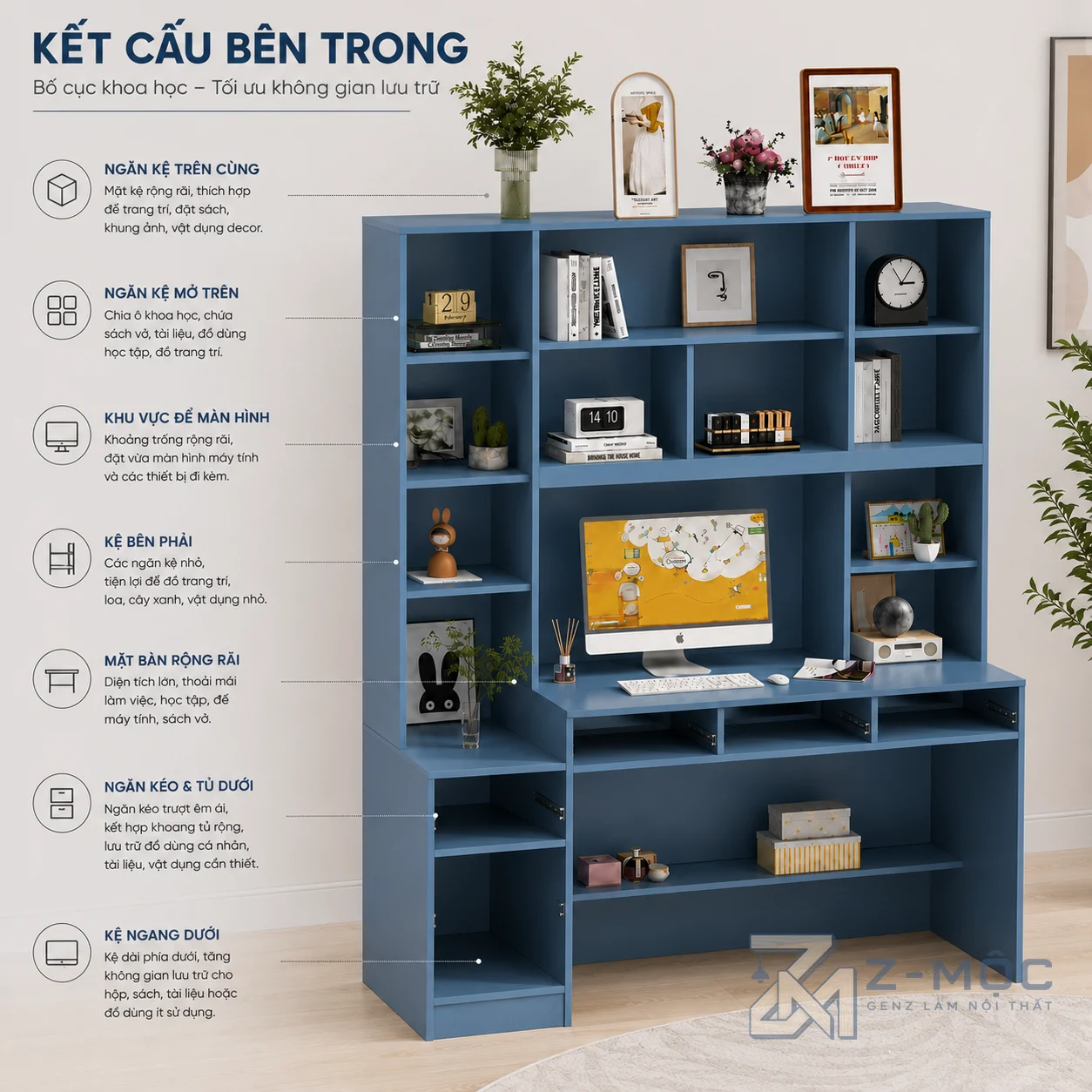 Bàn Học Liền Giá Sách Màu Xanh Nhiều Ngăn Chứa ZM-70010 - ảnh chi tiết 5