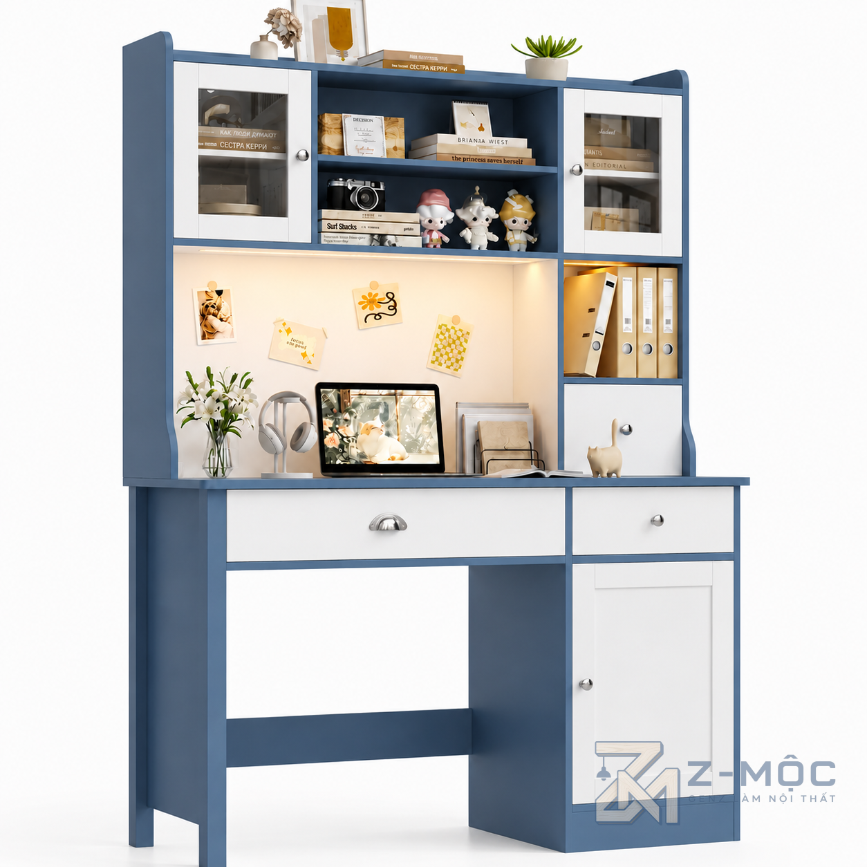 Bàn học liền giá sách màu xanh trắng tích hợp lưu trữ khoa học cho không gian học tập