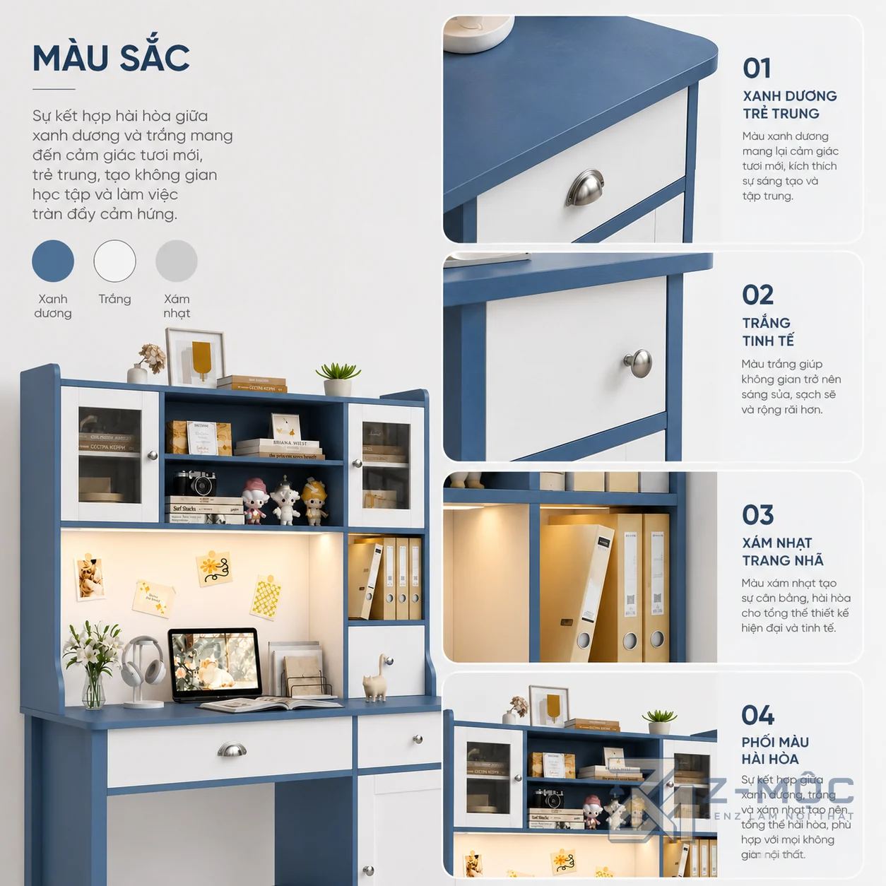 Bàn Học Liền Giá Sách Màu Xanh Trắng Hiện Đại ZM-70004 - ảnh chi tiết 4
