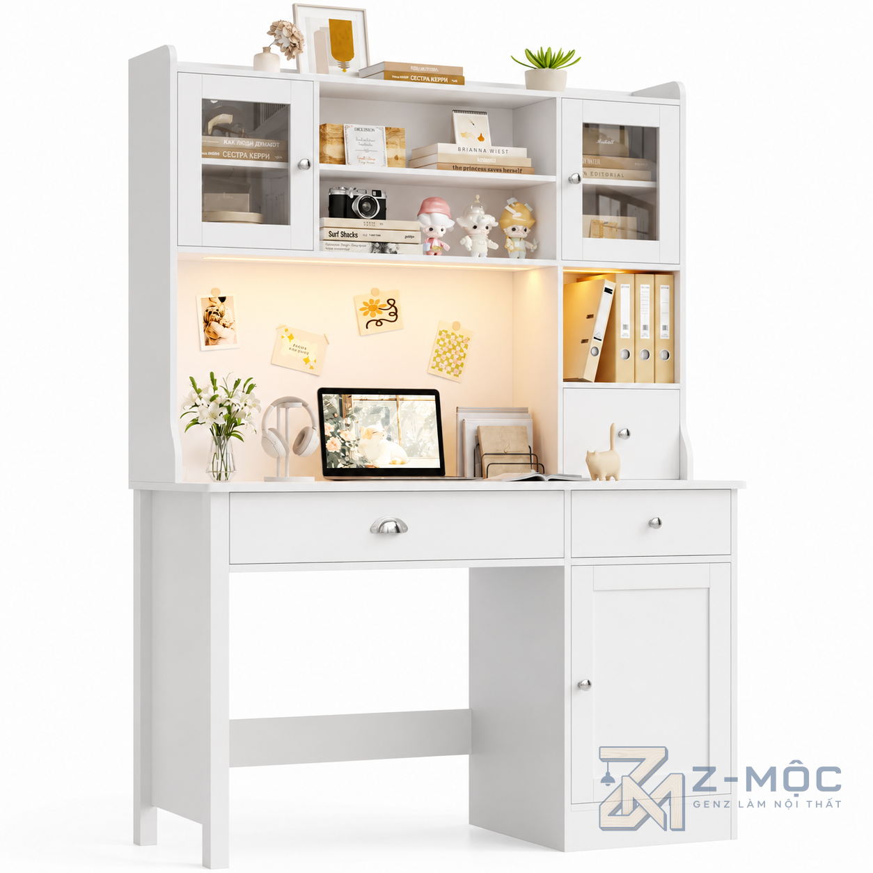 Bàn Học Liền Giá Sách Màu Xanh Trắng Hiện Đại ZM-70004 - hình ảnh thực tế 2