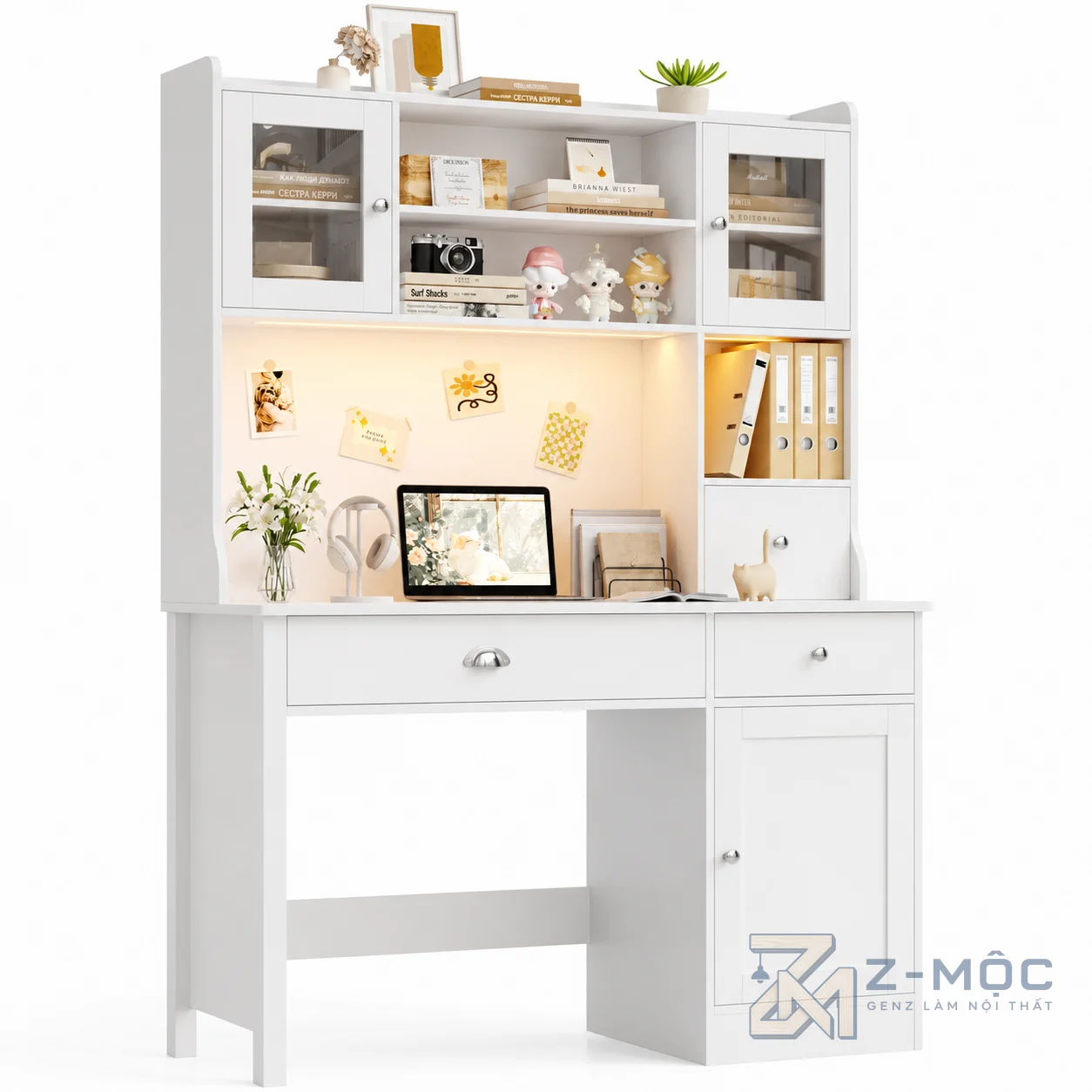 Bàn Học Liền Giá Sách Màu Xanh Trắng Hiện Đại ZM-70004 - hình ảnh thực tế 2