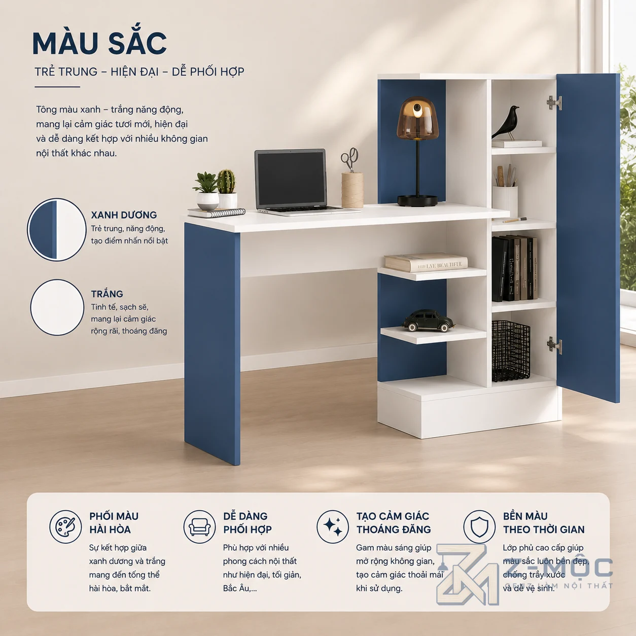 Bàn Học Tủ Sách Phối Màu Xanh Trắng Tiện Lợi ZM-70020 - ảnh chi tiết 4