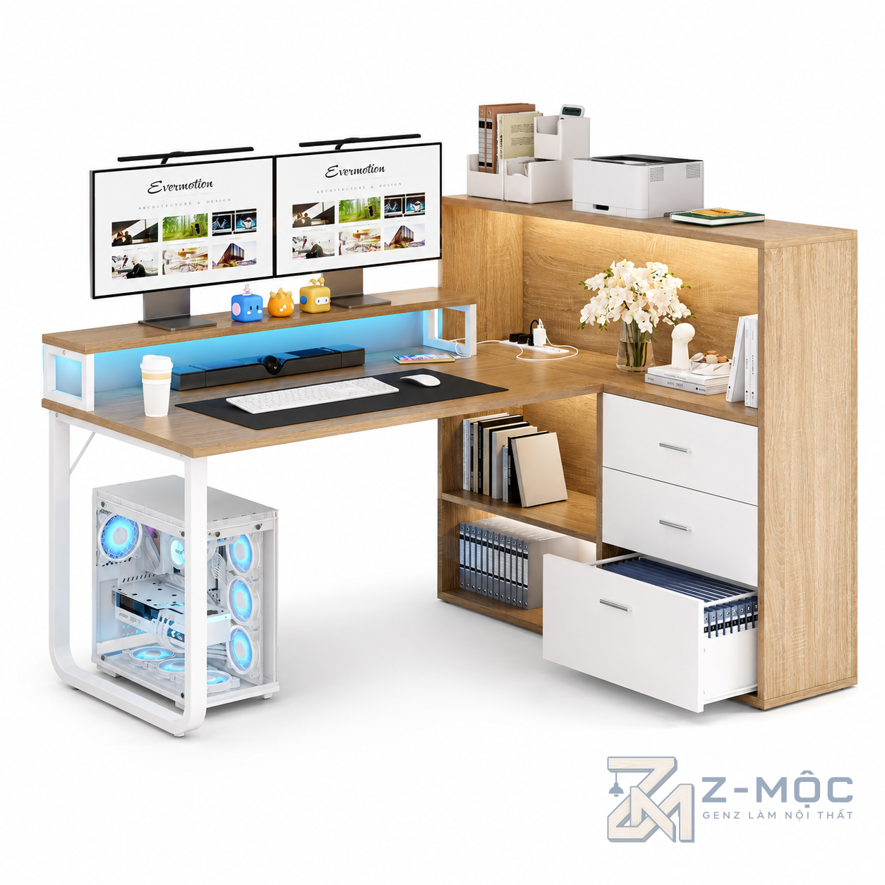 Bàn Học Và Làm Việc Chữ L Có Tủ Lưu Trữ Zm-70009 - ảnh chi tiết 6