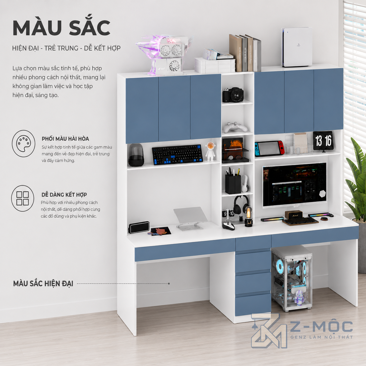 Bàn Học Và Làm Việc Đôi Liền Giá Sách Màu Xanh ZM-70012 - ảnh chi tiết 4