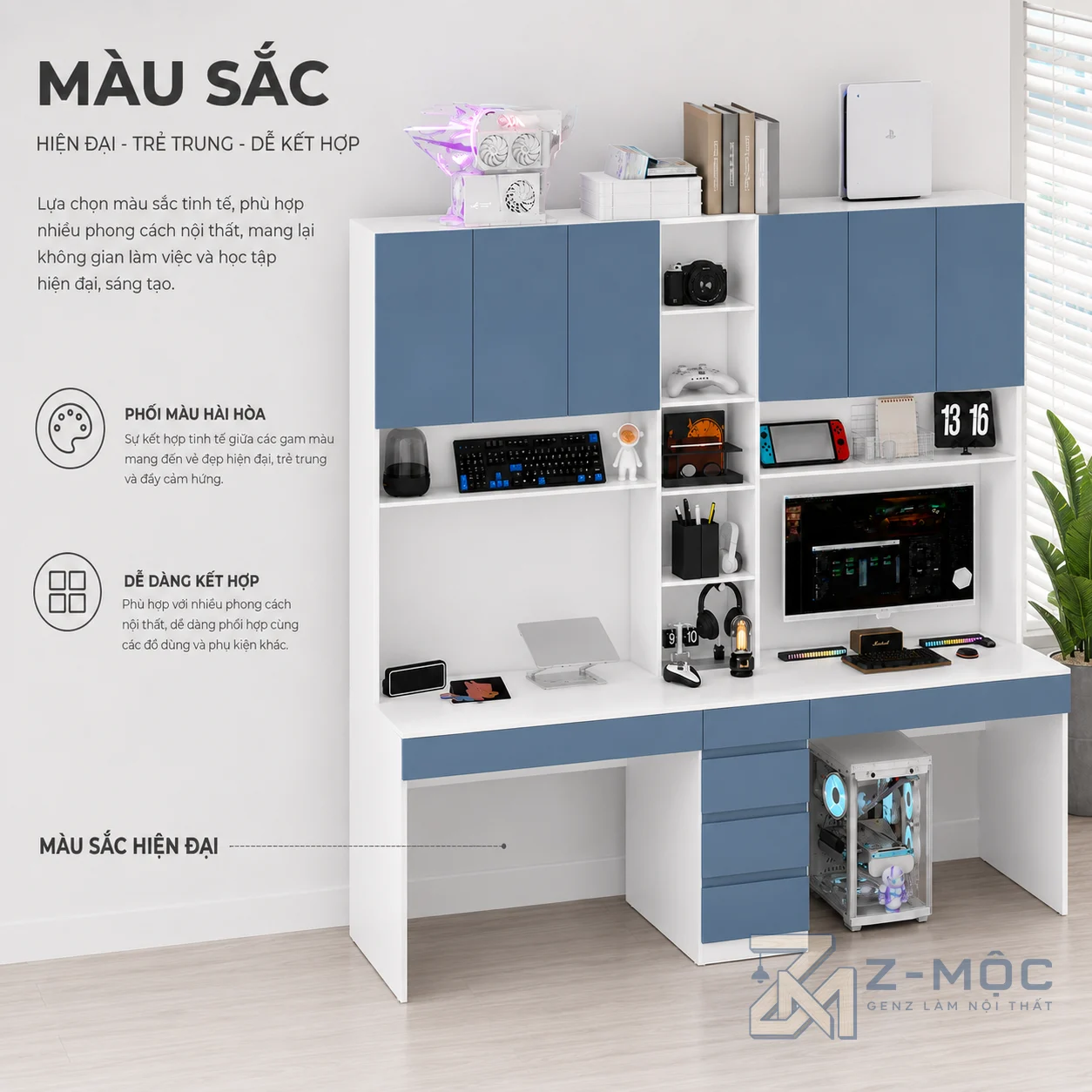 Bàn Học Và Làm Việc Đôi Liền Giá Sách Màu Xanh ZM-70012 - ảnh chi tiết 4