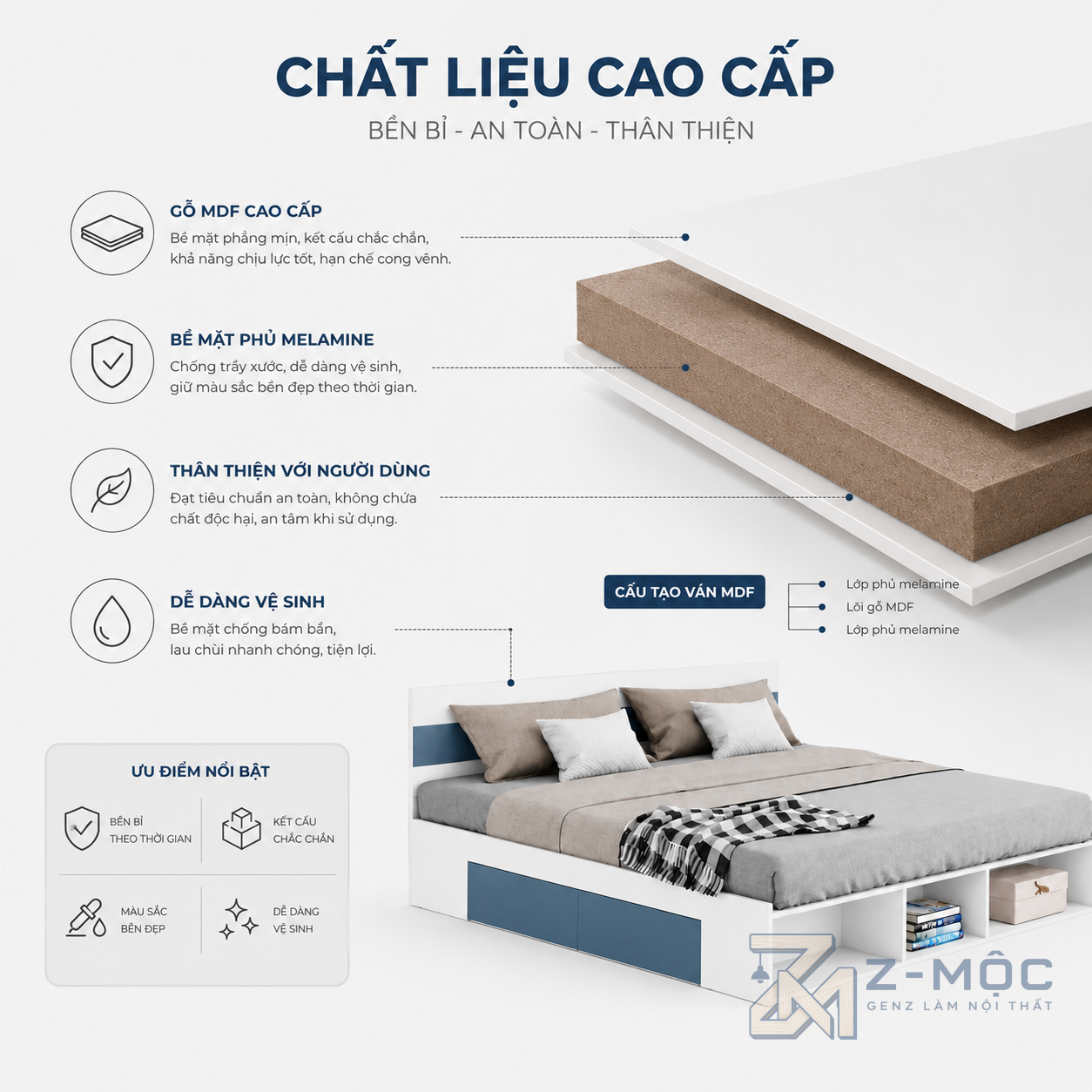 Chất liệu bền đẹp, chống ẩm và dễ vệ sinh
