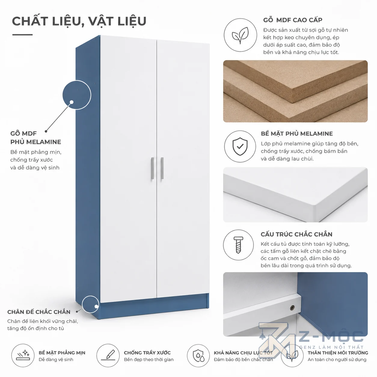 Chất liệu gỗ công nghiệp bền đẹp, bề mặt dễ vệ sinh