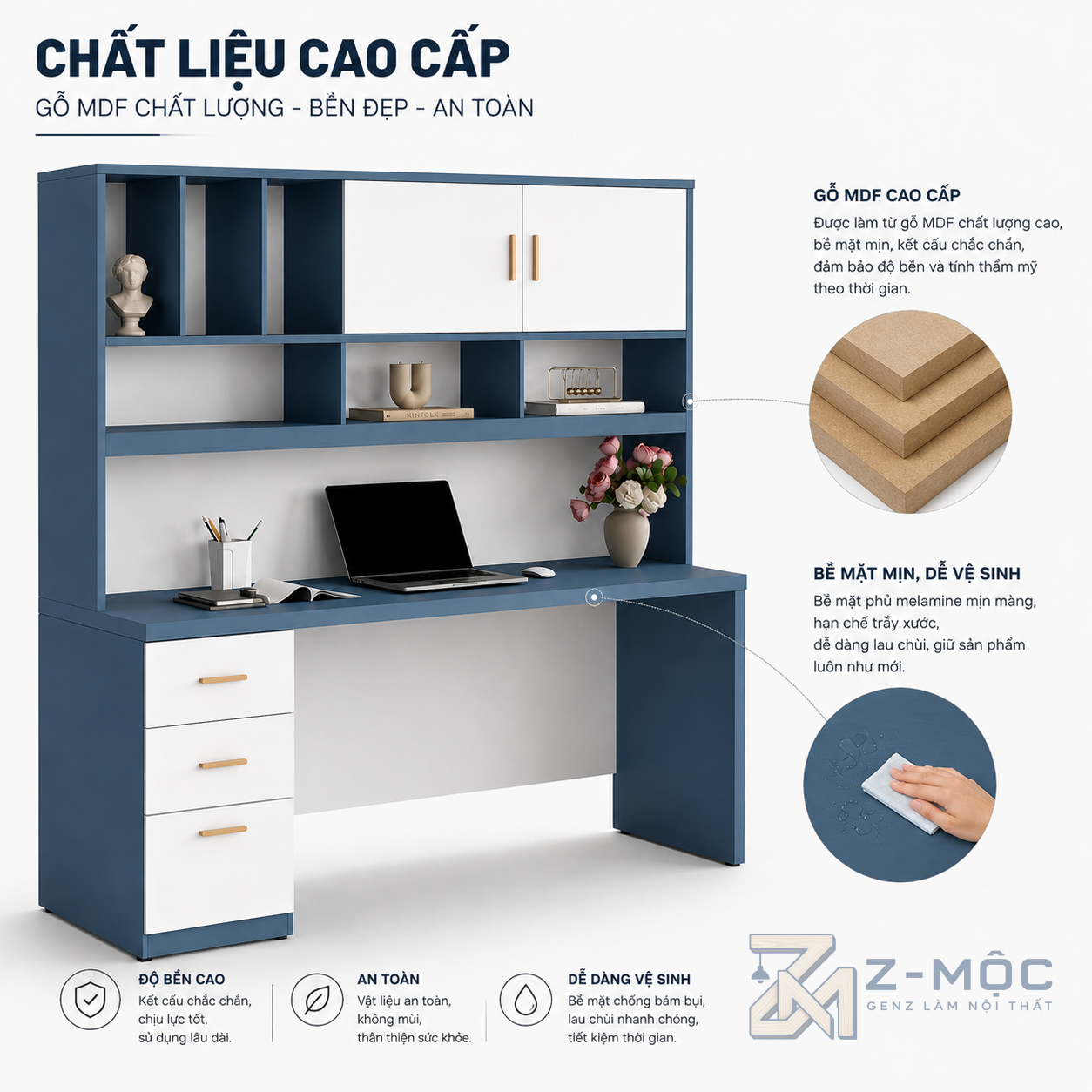 Chất liệu gỗ MDF bền đẹp và dễ vệ sinh