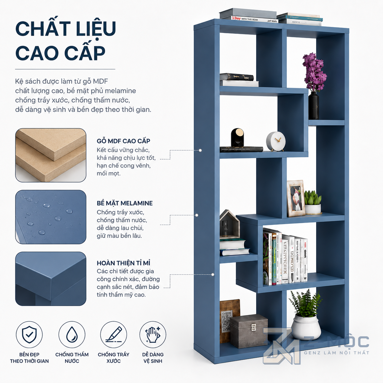 Chất liệu MDF bền đẹp, hạn chế cong vênh