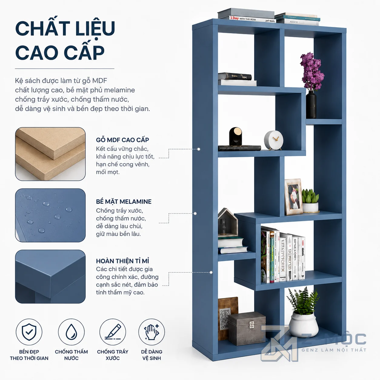 Chất liệu MDF bền đẹp, hạn chế cong vênh