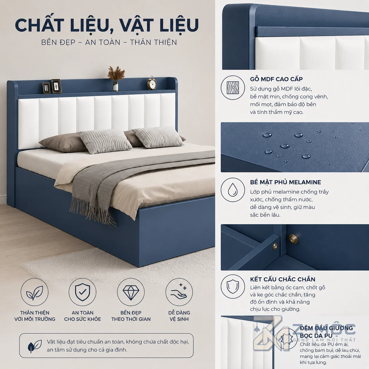 Đầu giường bọc nệm êm ái và chất liệu bền đẹp