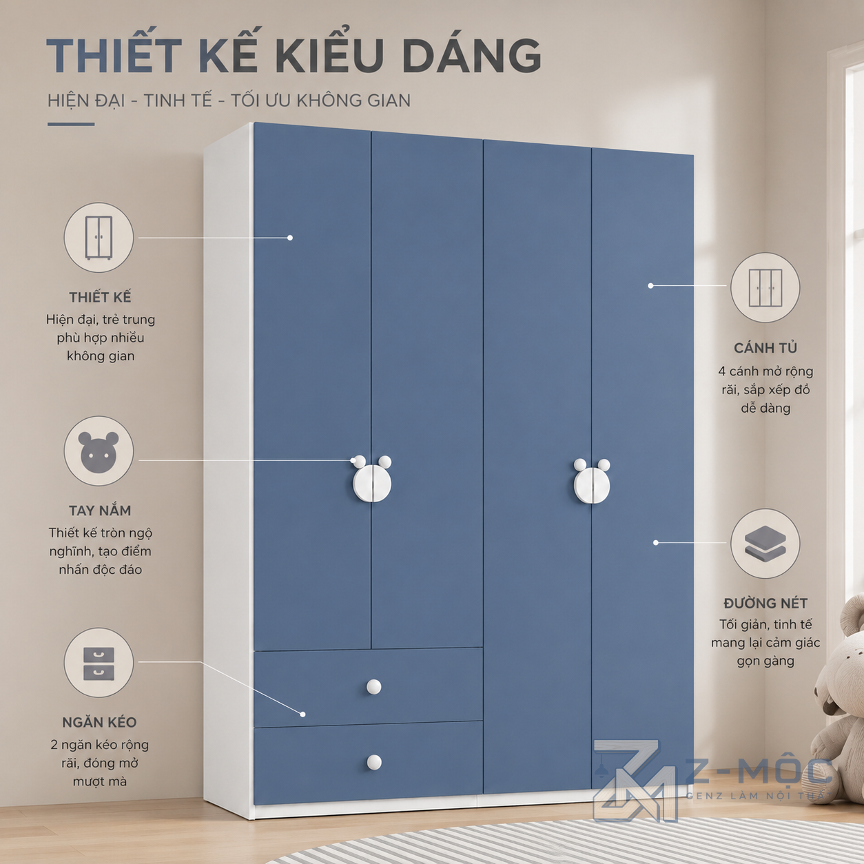 Gam màu xanh nổi bật tạo điểm nhấn cho phòng ngủ