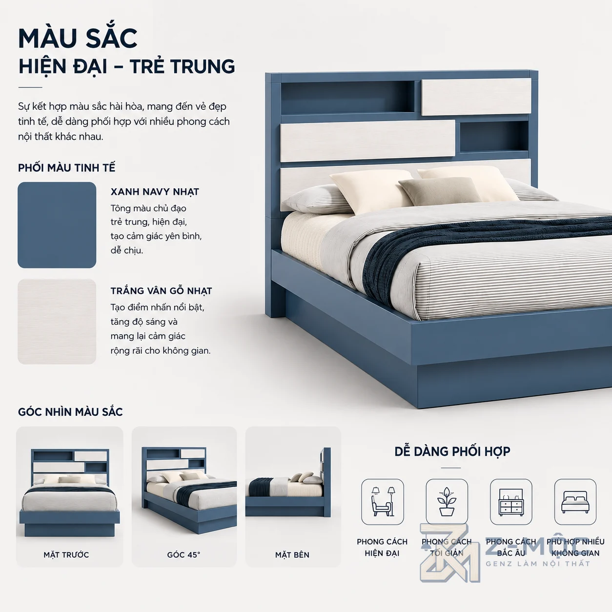Gam màu xanh phối trắng dễ kết hợp nội thất