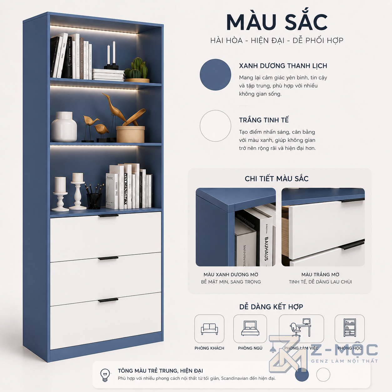 Giá Sách Đứng Có Ngăn Kéo Màu Xanh Nhiều Tầng ZM-71009 - ảnh chi tiết 4