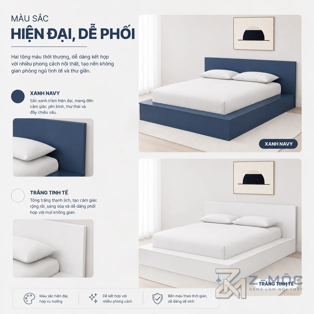 Giường Ngủ Bệt Màu Xanh Tối Giản Cho Phòng Ngủ Gọn Gàng ZM-11007 - ảnh chi tiết 4