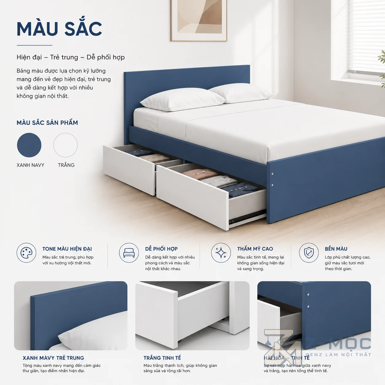 Giường Ngủ Gỗ Công Nghiệp Có Ngăn Kéo Màu Xanh ZM-11012 - ảnh chi tiết 6
