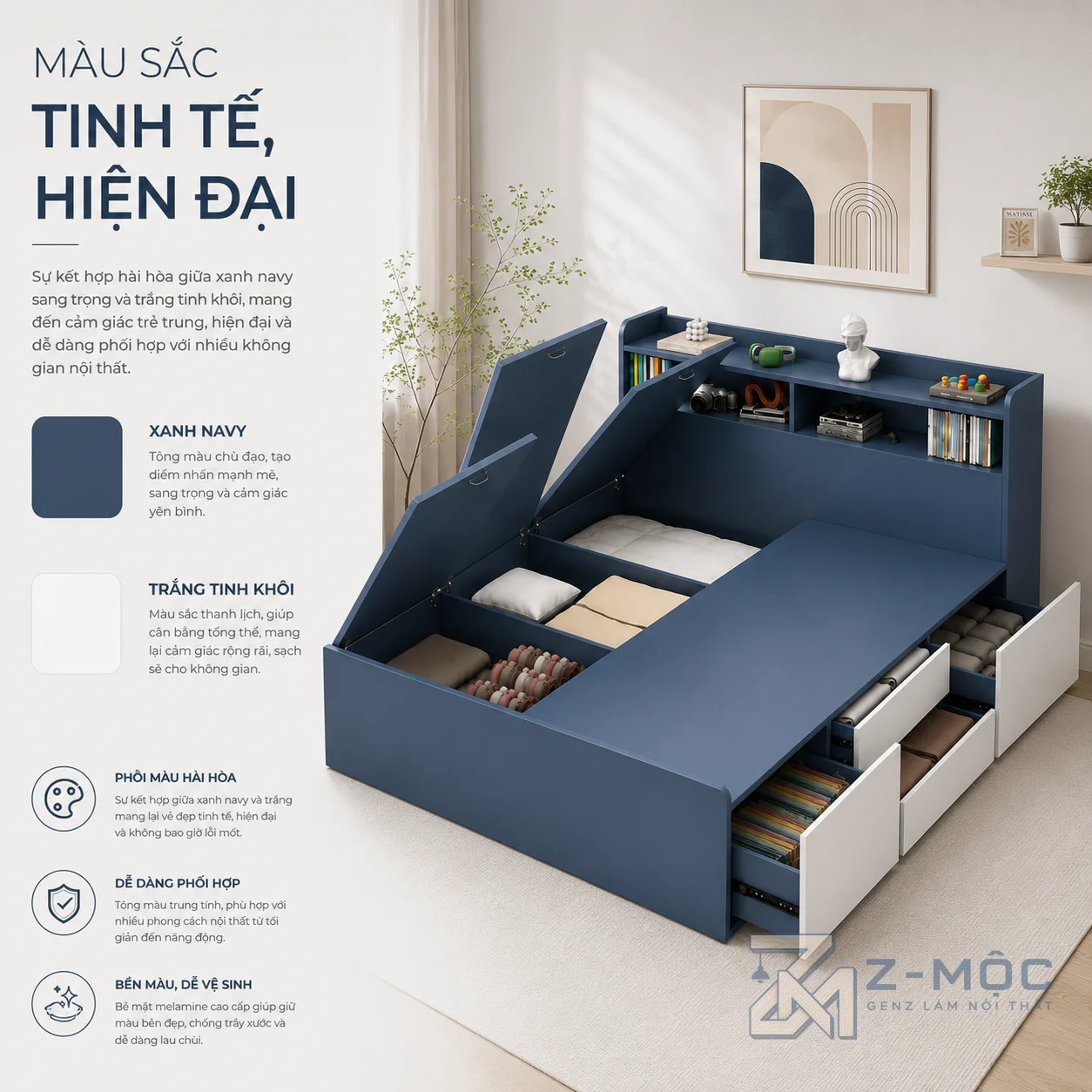 Giường Ngủ Thông Minh Nhiều Ngăn Chứa Tích Hợp Kệ Đầu Giường ZM-11001 - ảnh chi tiết 6