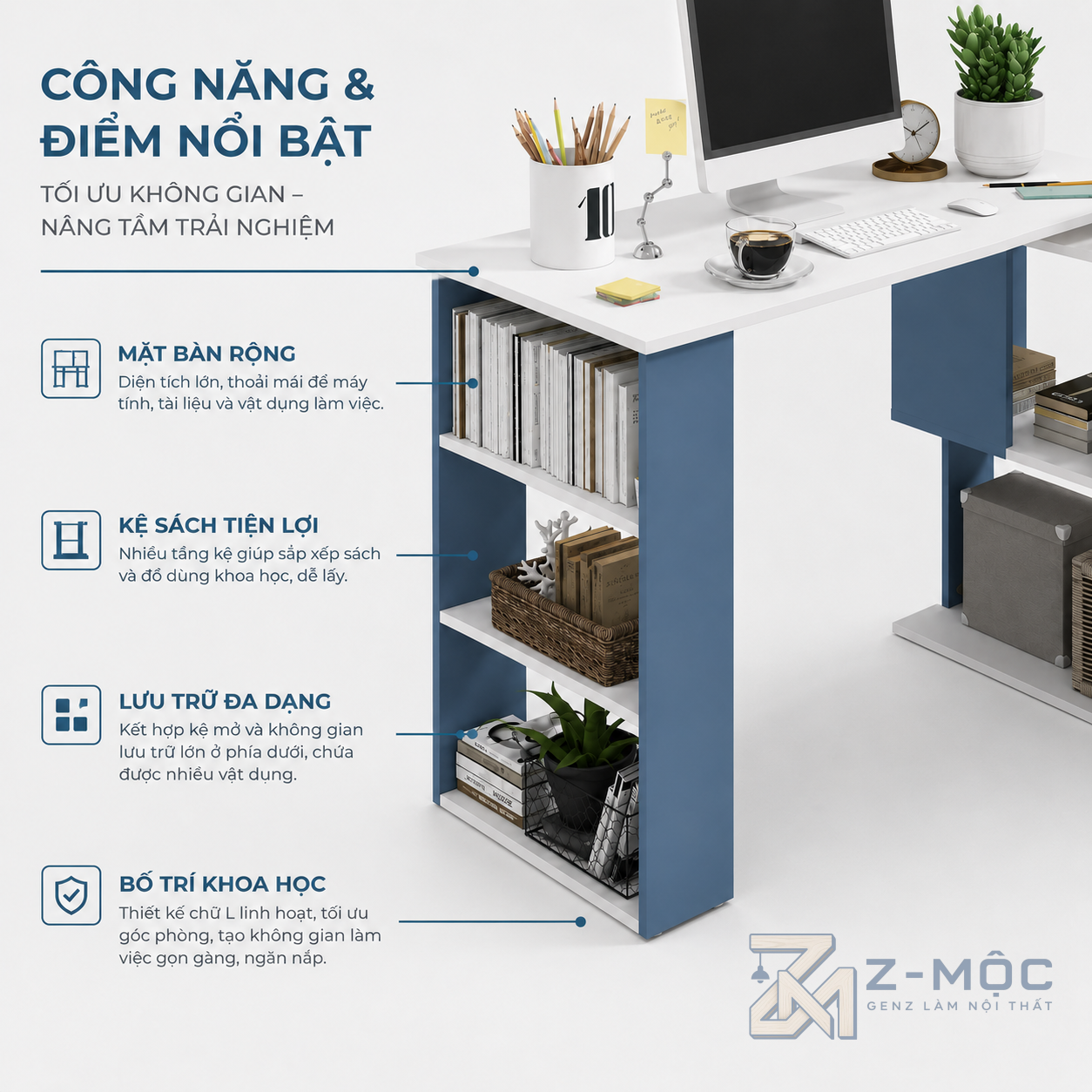 Hệ kệ lưu trữ rộng rãi, sắp xếp khoa học