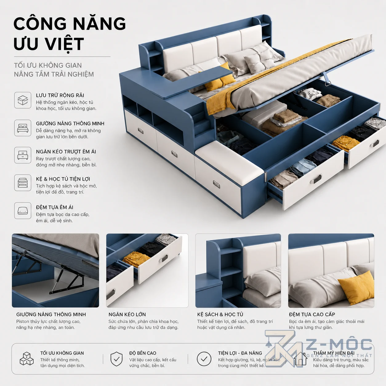 Hệ ngăn kéo và khoang chứa đồ rộng rãi