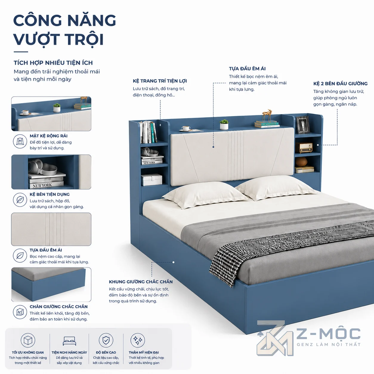 Kệ đầu giường tích hợp giúp lưu trữ tiện lợi