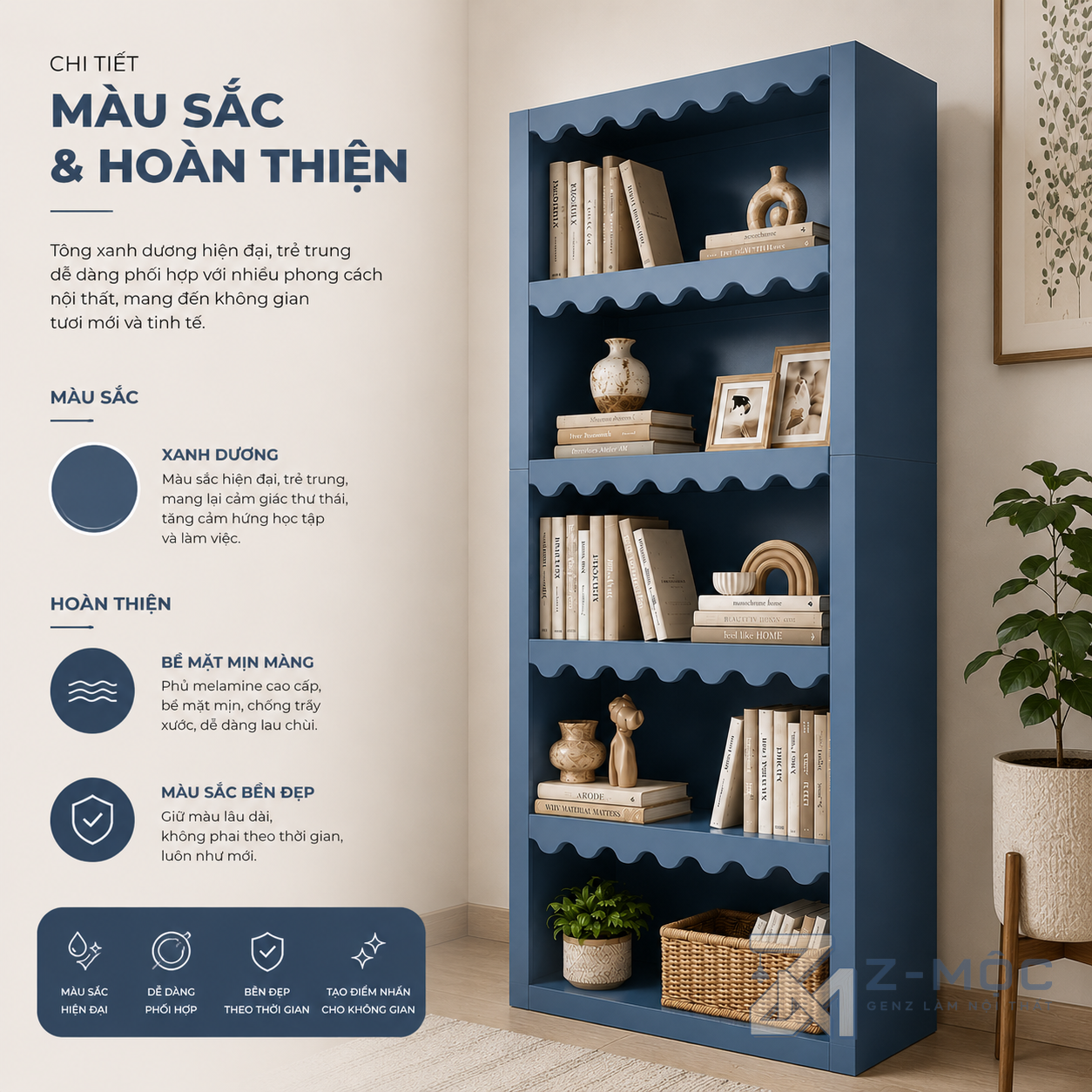Kệ Sách Đứng Màu Xanh Gợn Sóng Độc Đáo ZM-71005 - ảnh chi tiết 4