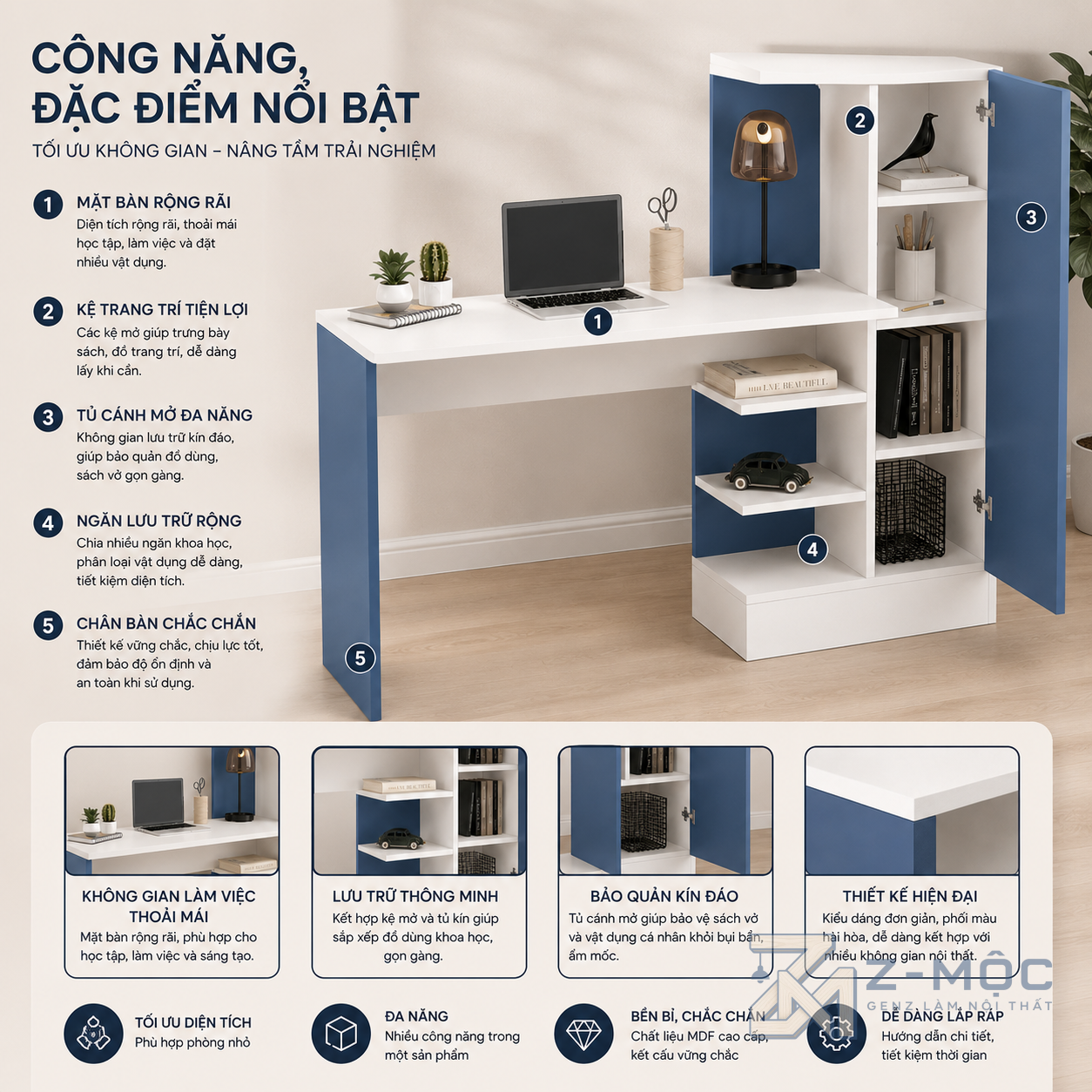 Kết hợp bàn học và tủ sách trong cùng một sản phẩm