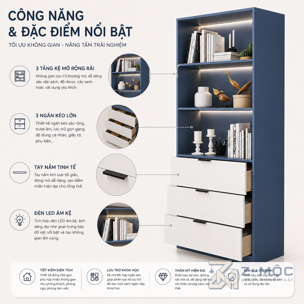 Kết hợp kệ mở và ngăn kéo tiện dụng
