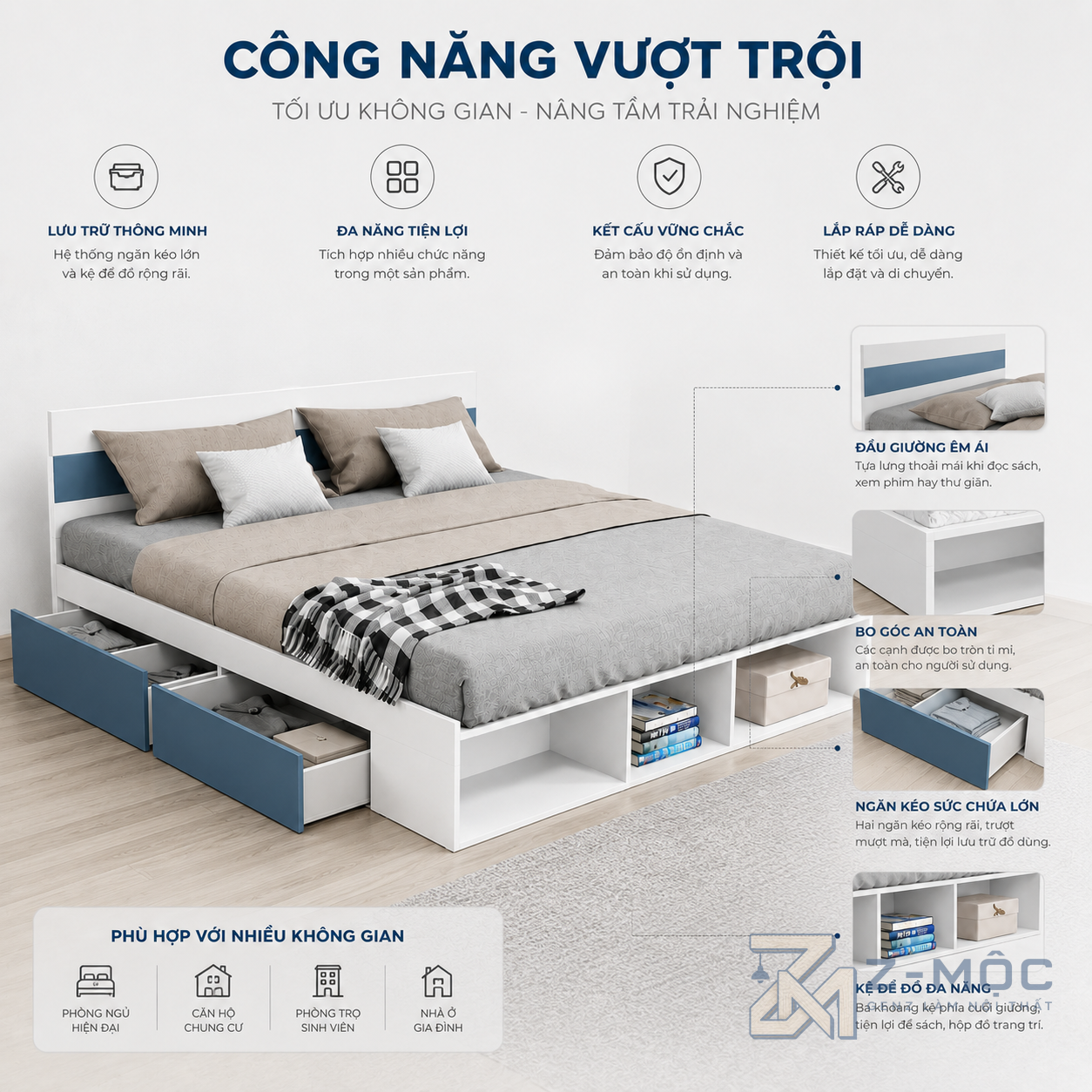 Không gian lưu trữ khoa học cho phòng ngủ gọn gàng