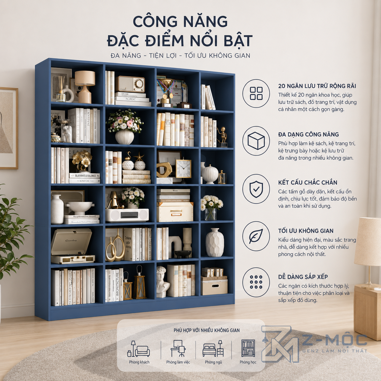Không gian lưu trữ rộng cho sách và đồ trang trí