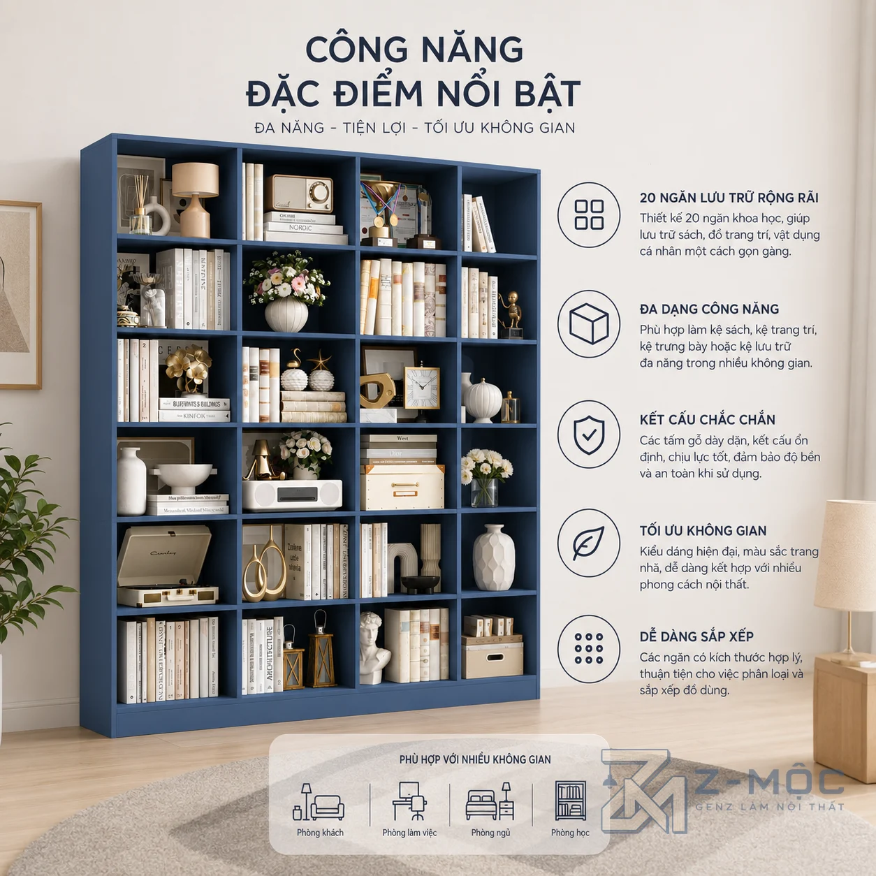 Không gian lưu trữ rộng cho sách và đồ trang trí