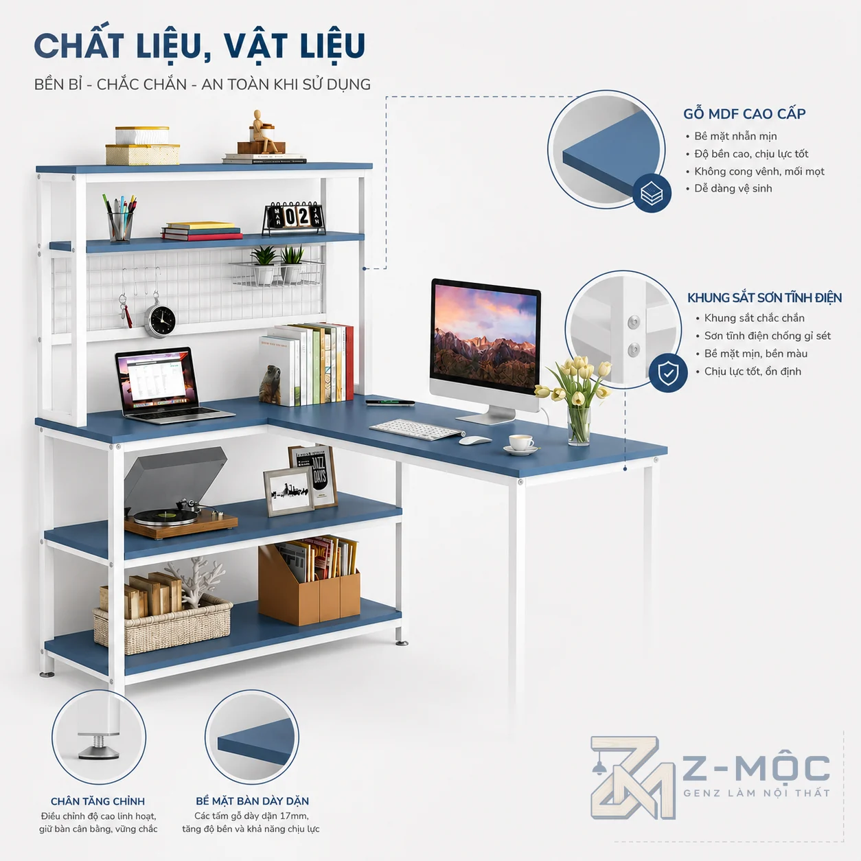 Khung sắt chắc chắn kết hợp gỗ MDF bền đẹp