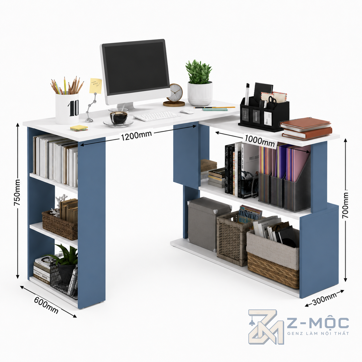 Kích thước chi tiết Bàn Học Chữ L Có Kệ Sách Hiện Đại Đa Năng ZM-70002