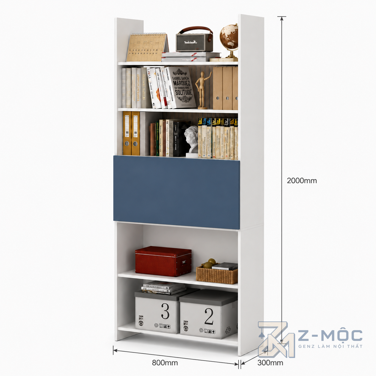 Kích thước chi tiết Bàn Học Gấp Gọn Liền Kệ Sách Màu Xanh ZM-70014