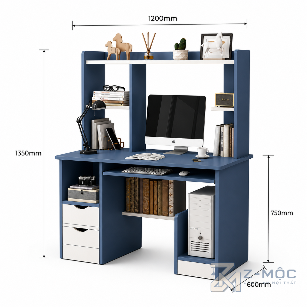 Kích thước chi tiết Bàn Học Giá Sách Màu Xanh Dương ZM-70013