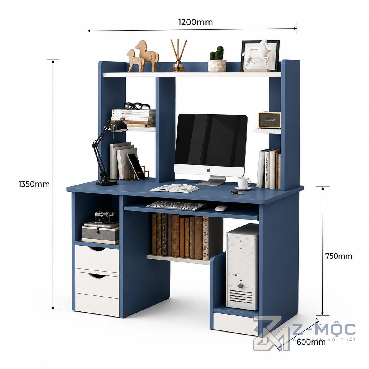 Kích thước chi tiết Bàn Học Giá Sách Màu Xanh Dương ZM-70013