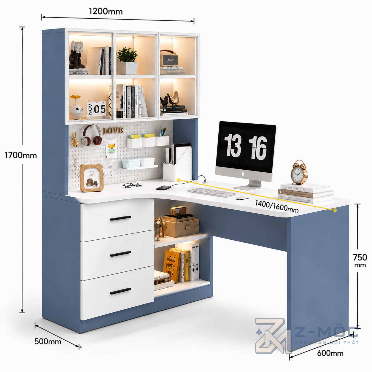Kích thước chi tiết Bàn Học Liền Giá Sách Chữ L Tiện Ích ZM-70005
