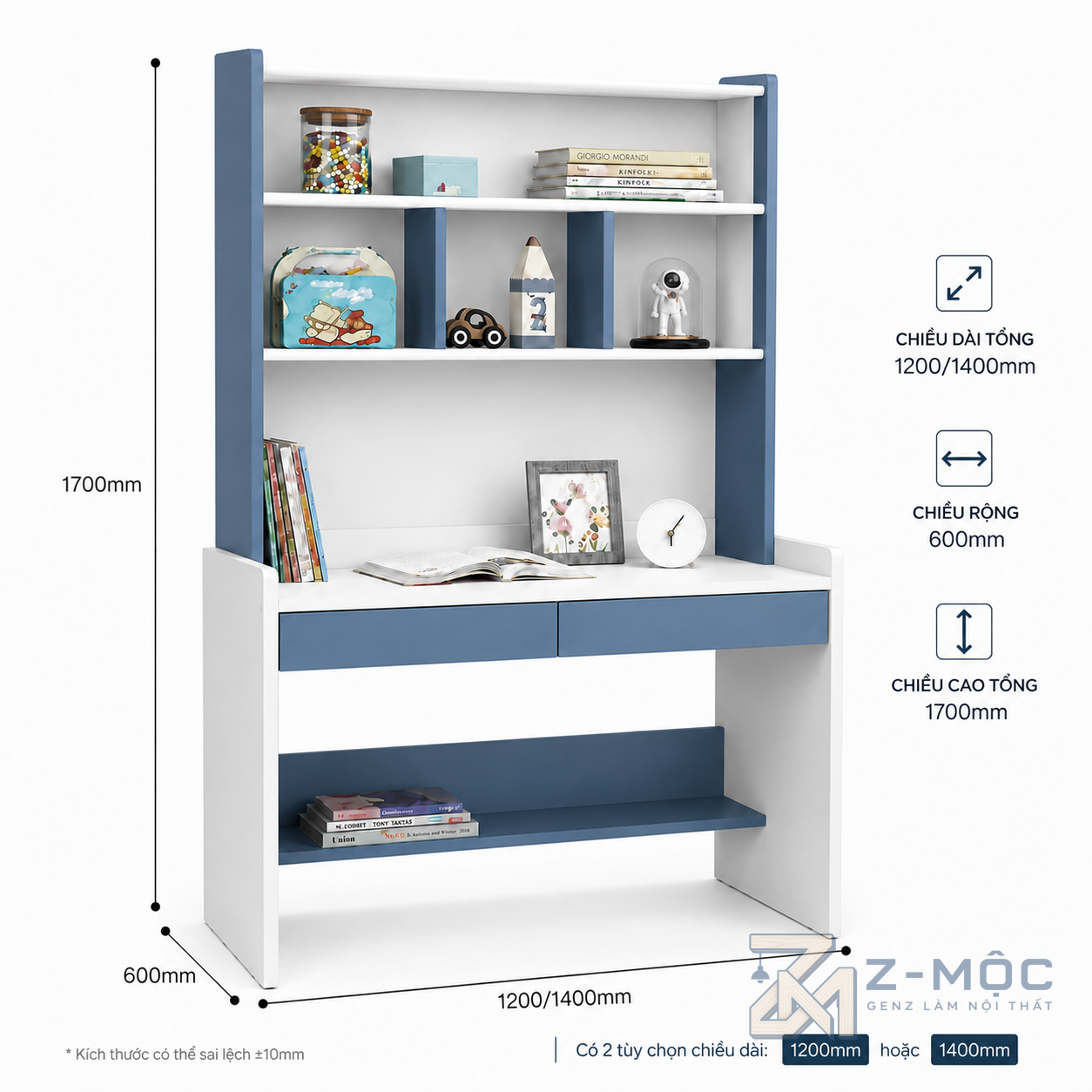 Kích thước chi tiết Bàn Học Liền Giá Sách Gỗ Công Nghiệp Màu Xanh Trắng ZM-70018