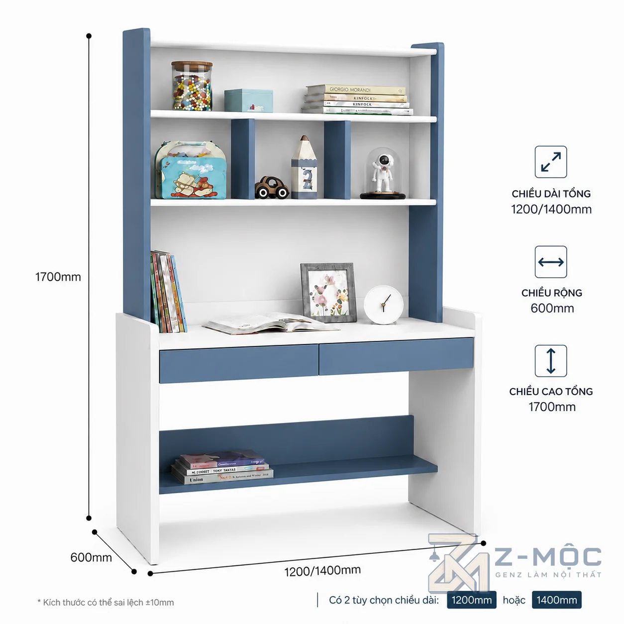 Kích thước chi tiết Bàn Học Liền Giá Sách Gỗ Công Nghiệp Màu Xanh Trắng ZM-70018