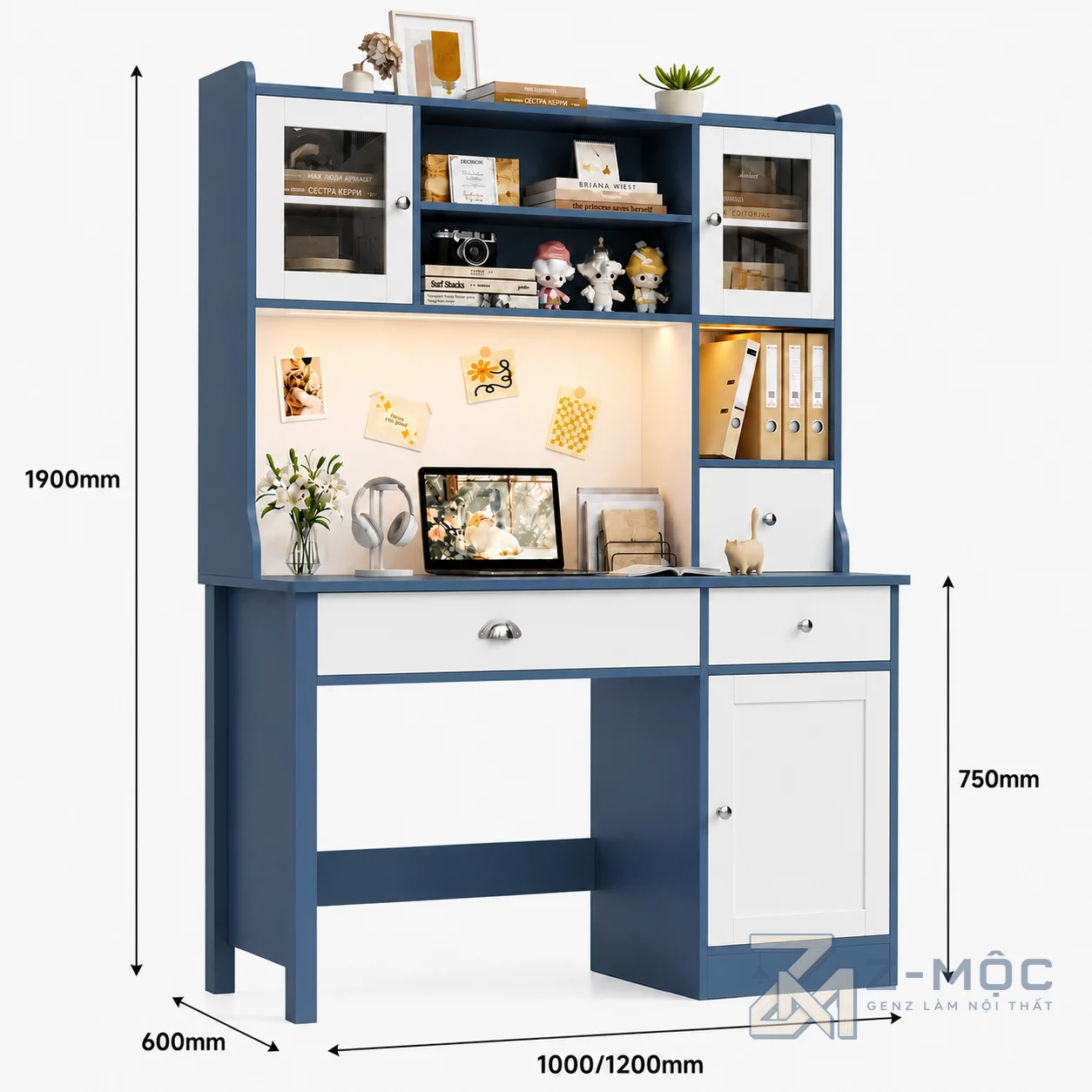 Kích thước chi tiết Bàn Học Liền Giá Sách Màu Xanh Trắng Hiện Đại ZM-70004