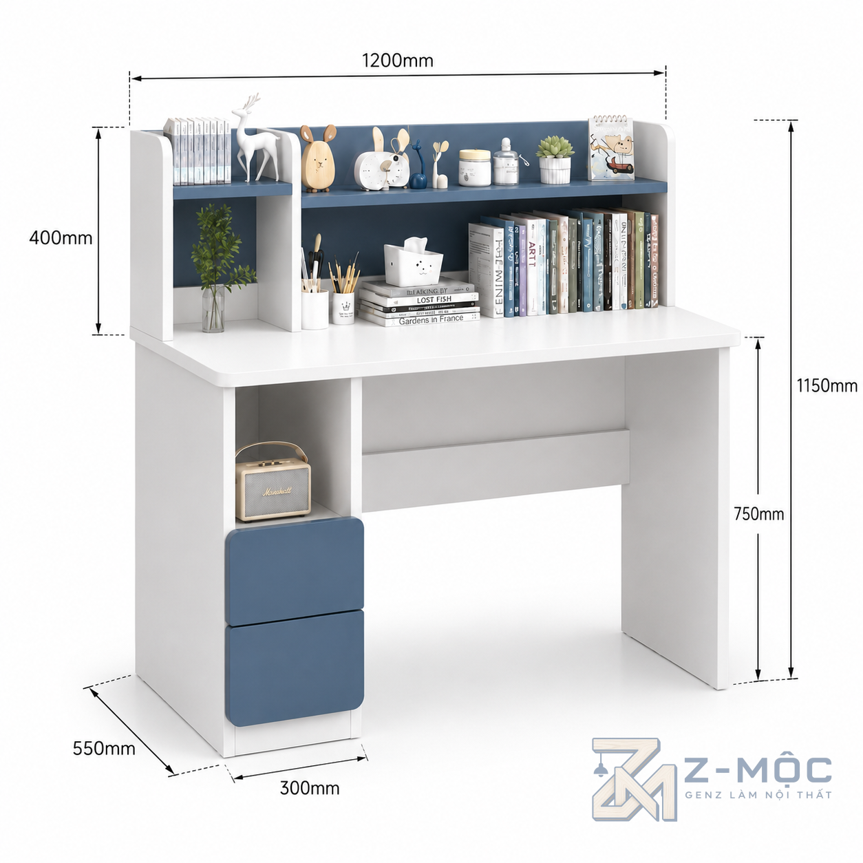 Kích thước chi tiết Bàn Học Liền Kệ Sách Gỗ Công Nghiệp MDF ZM-70019
