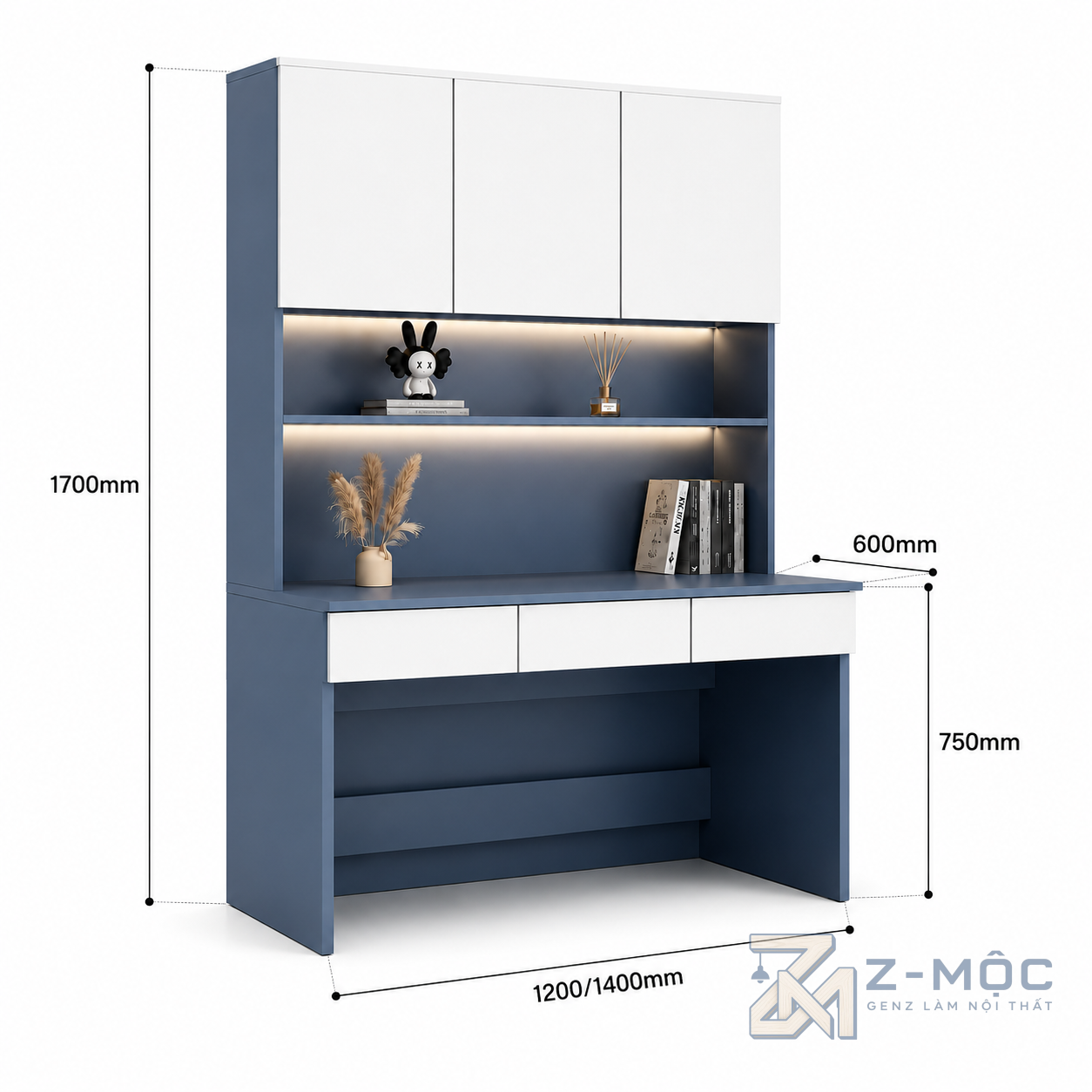 Kích thước chi tiết Bàn Học Và Giá Sách Màu Xanh Blue Đơn Giản ZM-70008