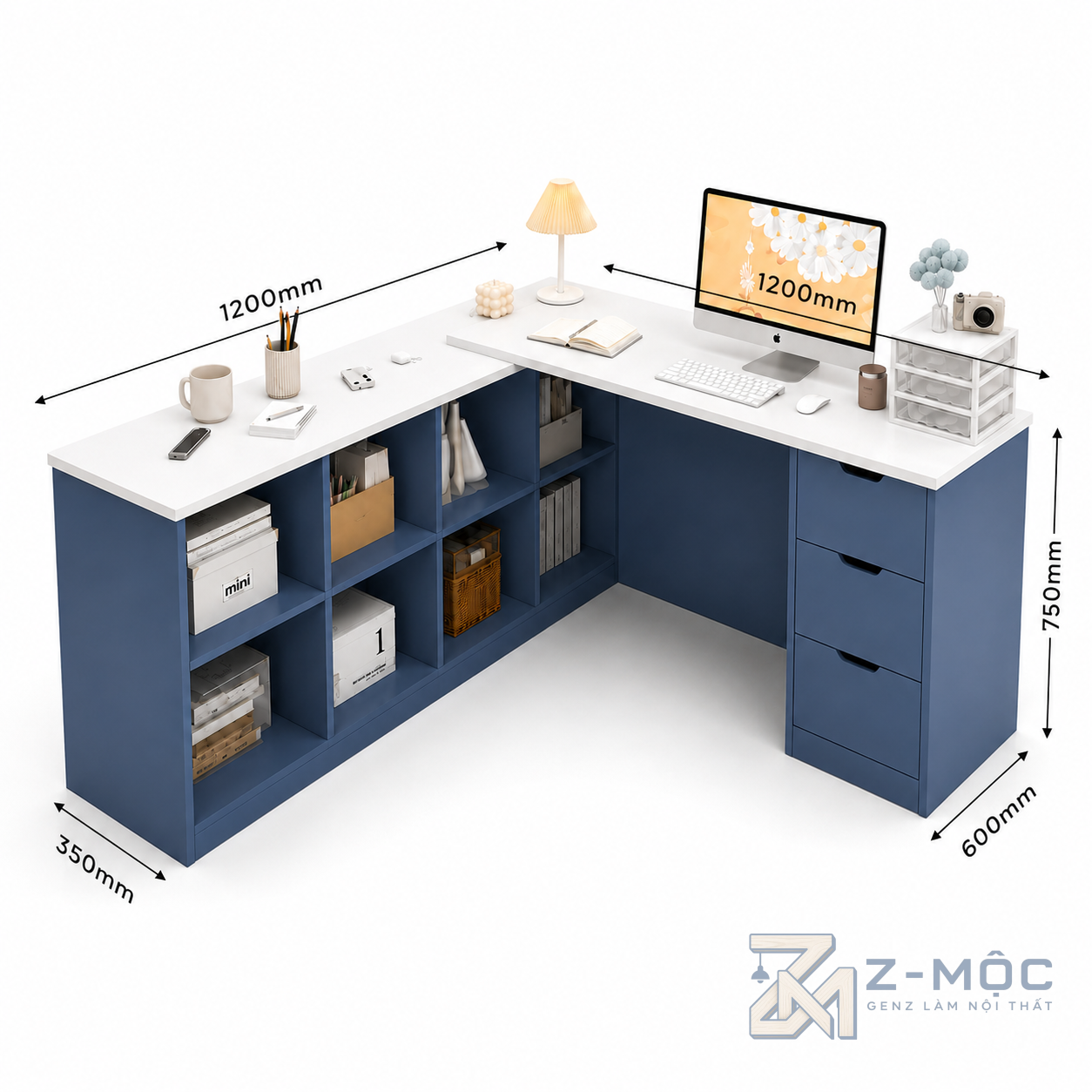 Kích thước chi tiết Bàn Học Và Làm Việc Chữ L Có Kệ Sách Và Hộc Tủ Hiện Đại ZM-70015