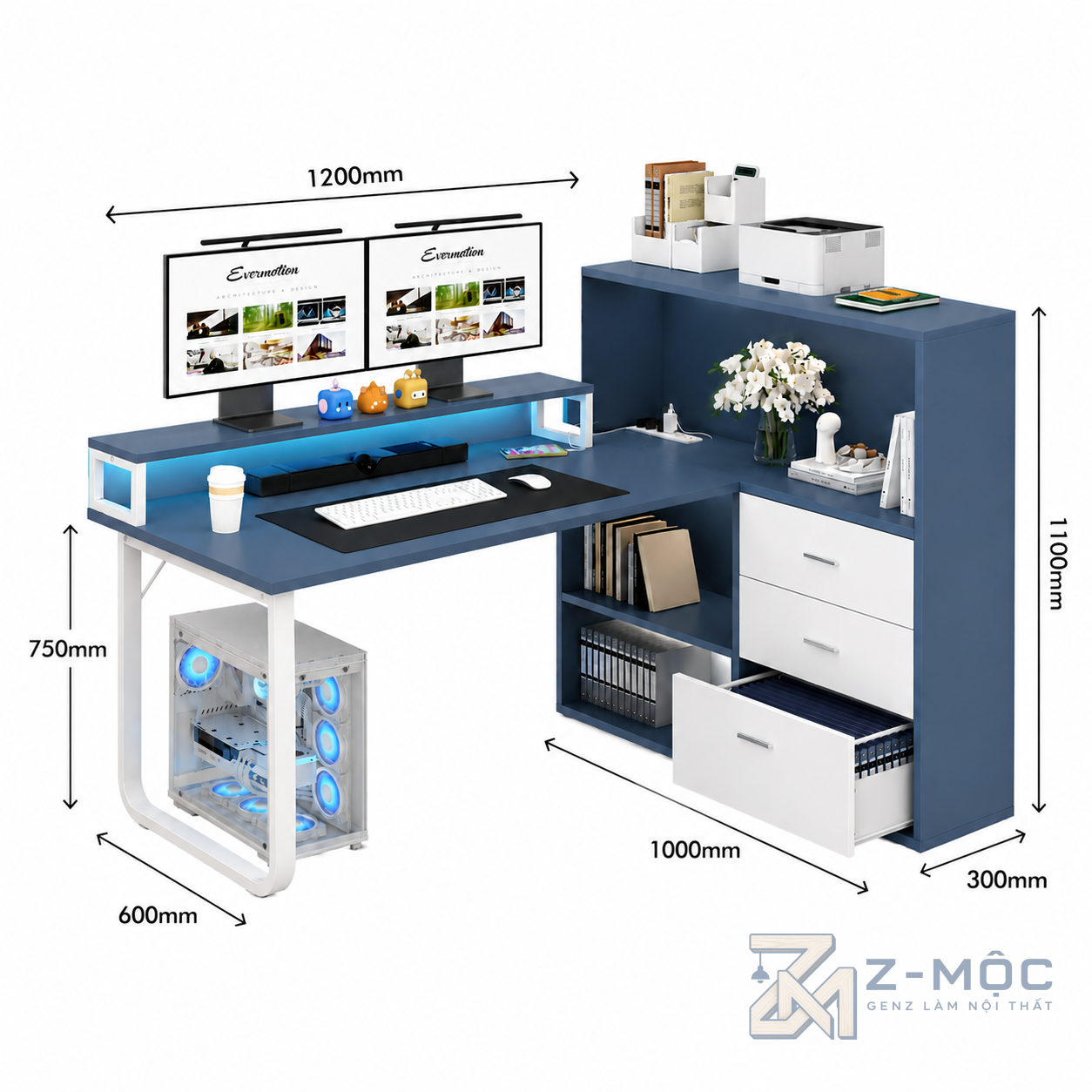Kích thước chi tiết Bàn Học Và Làm Việc Chữ L Có Tủ Lưu Trữ Zm-70009