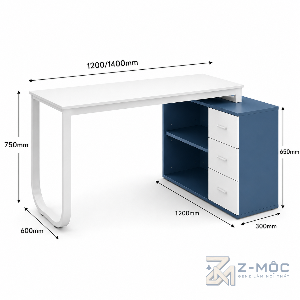 Kích thước chi tiết Bàn Học Và Làm Việc Có Hộc Tủ Ba Ngăn Gọn Gàng ZM-70003