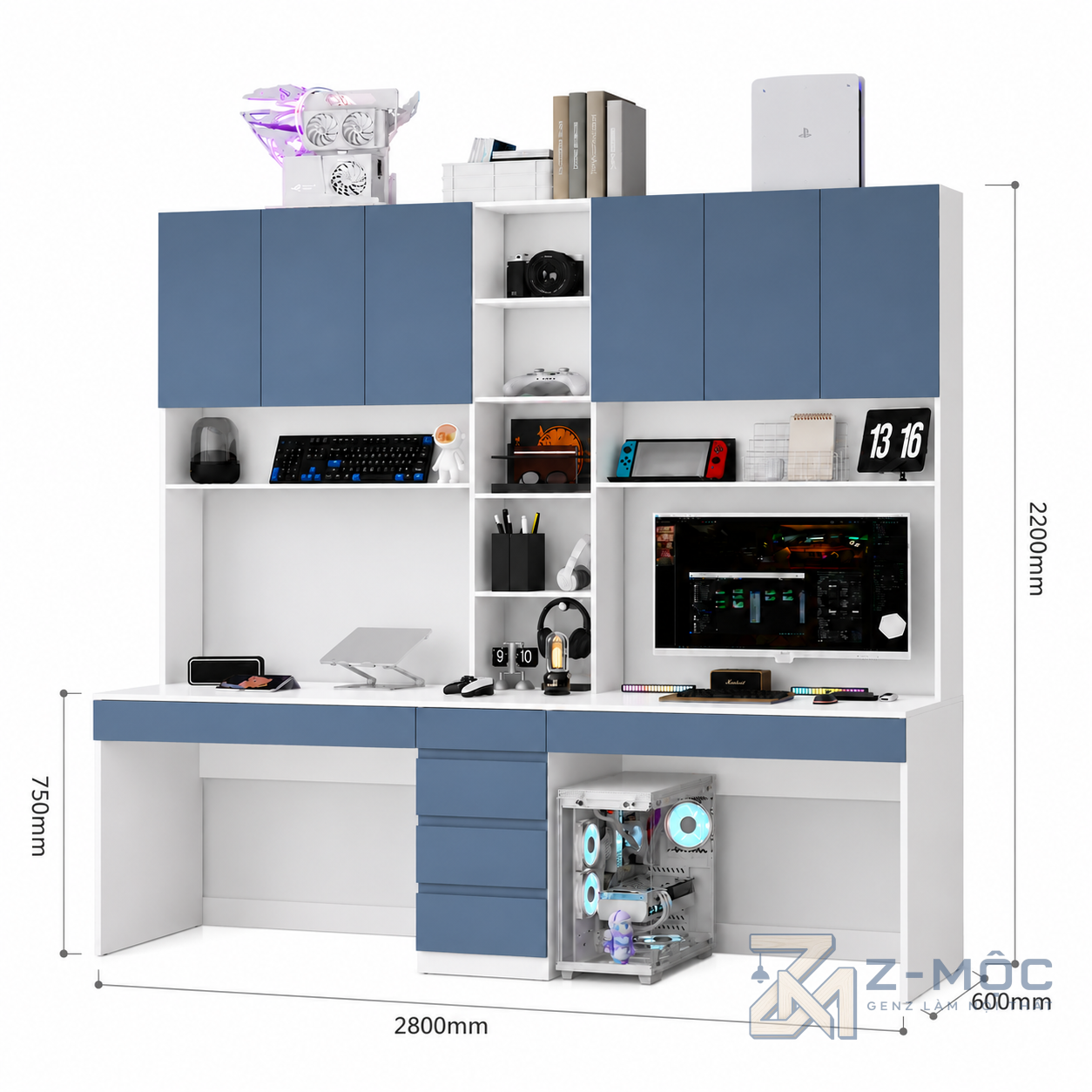 Kích thước chi tiết Bàn Học Và Làm Việc Đôi Liền Giá Sách Màu Xanh ZM-70012