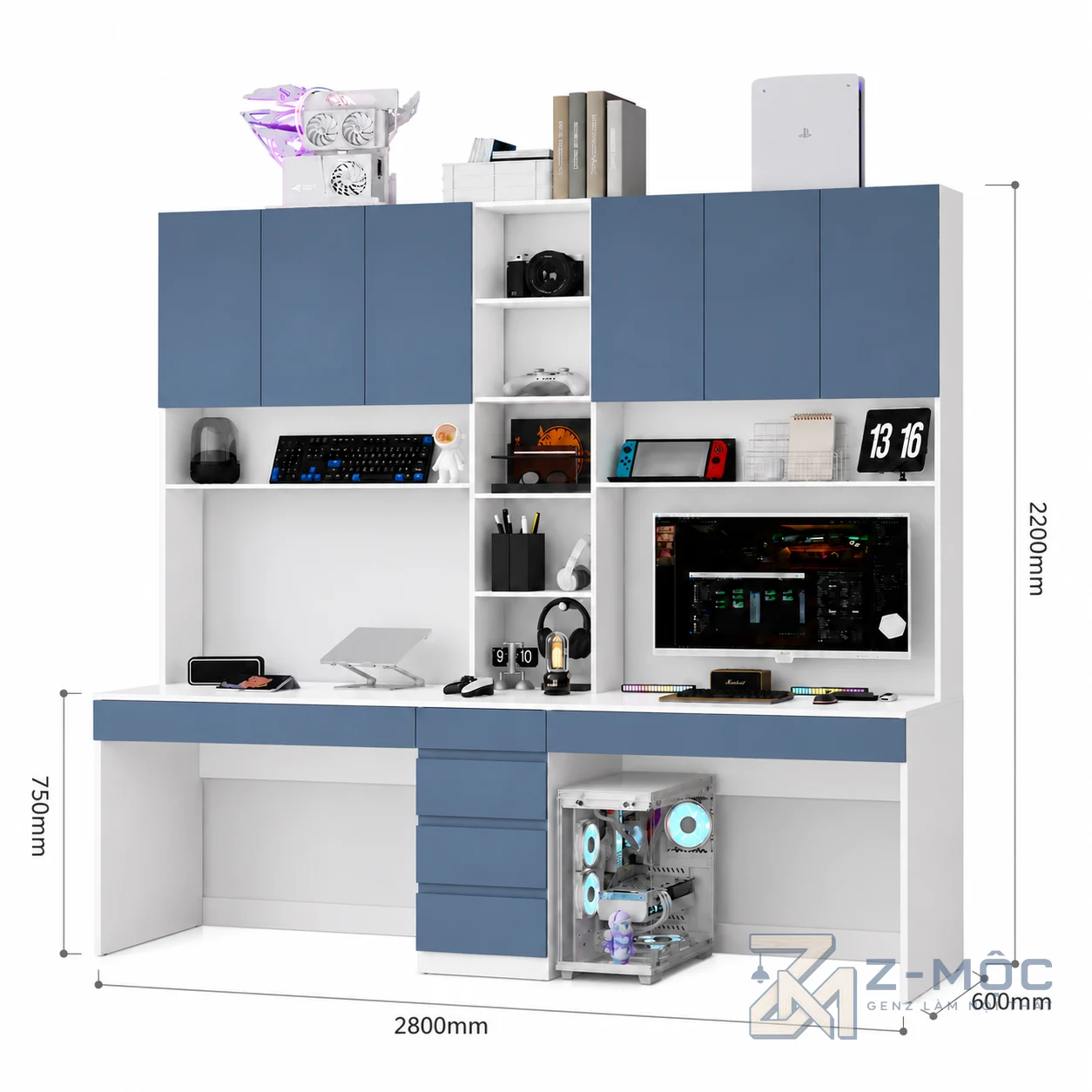 Kích thước chi tiết Bàn Học Và Làm Việc Đôi Liền Giá Sách Màu Xanh ZM-70012