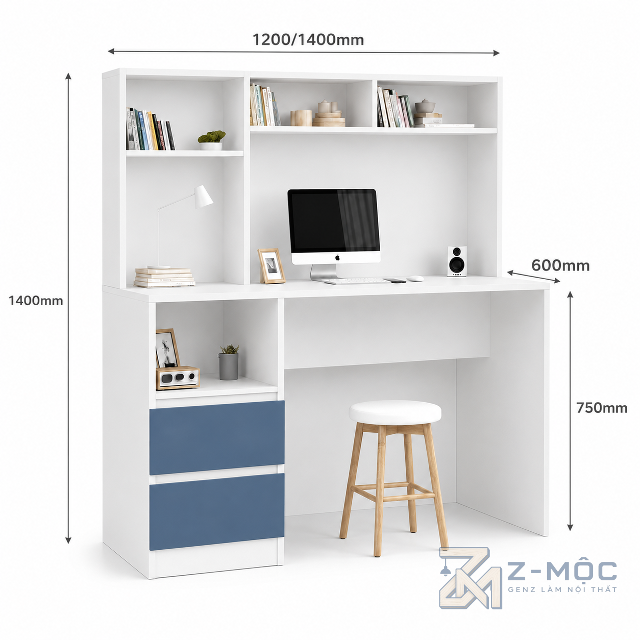 Kích thước chi tiết Bàn Học Và Làm Việc Liền Kệ Sách Nhỏ Gọn ZM-70026
